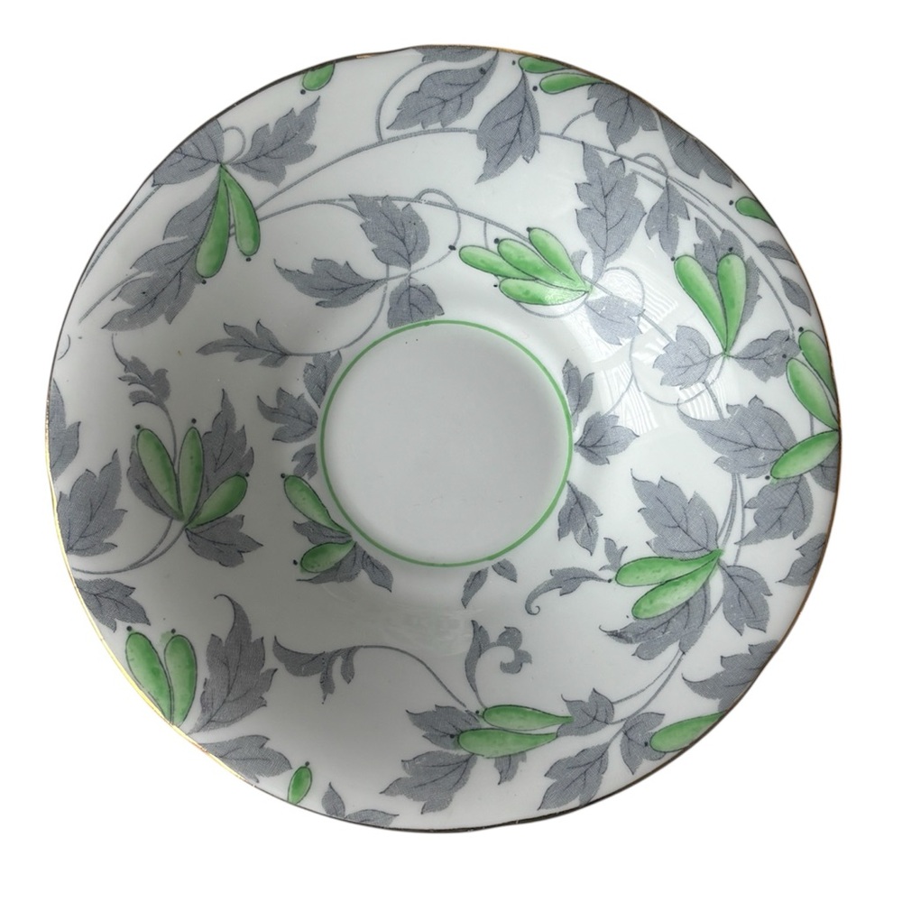 Vintage 1940s Grafton China "Ashley" Tea Cup & Saucer | Green & Grey Botanical - Picture 7 of 10